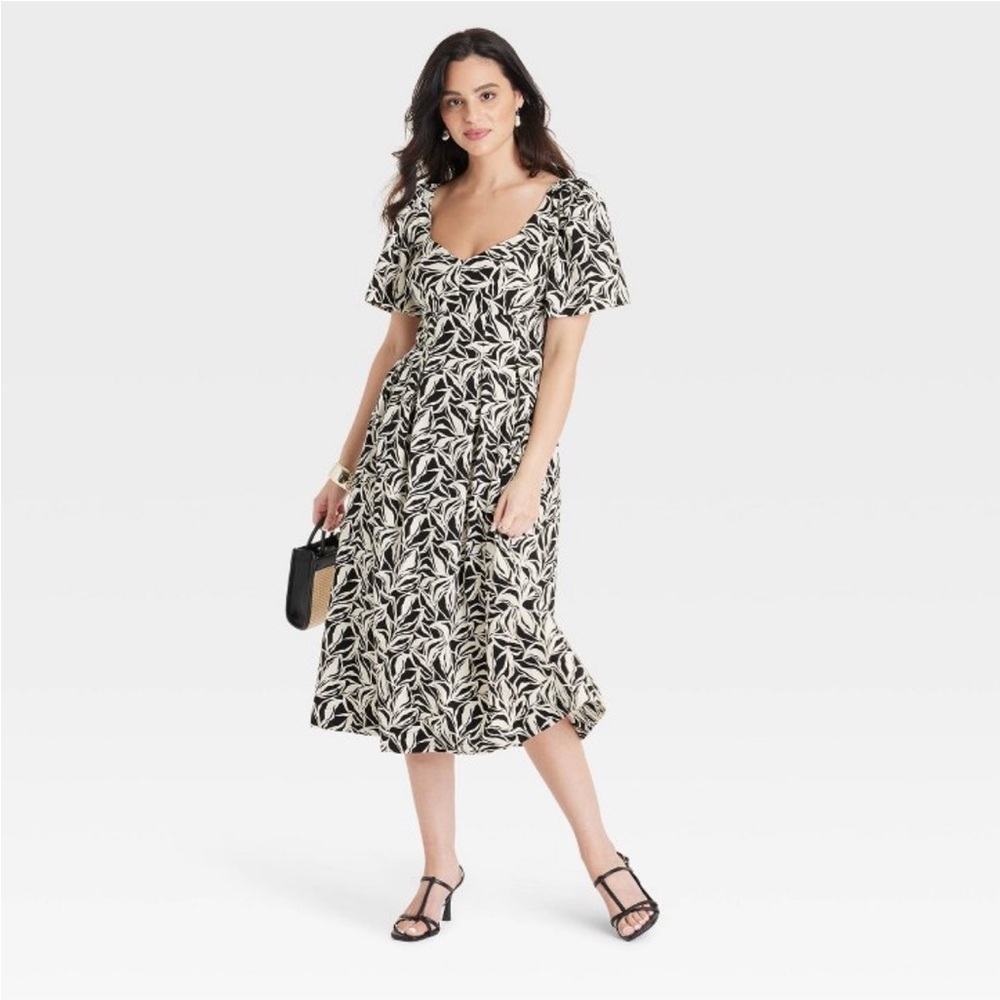 A New Day Floral Black and White Midi Dress